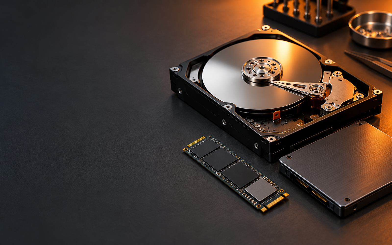 Ổ cứng HDD và SSD trên bàn kỹ thuật cứu dữ liệu